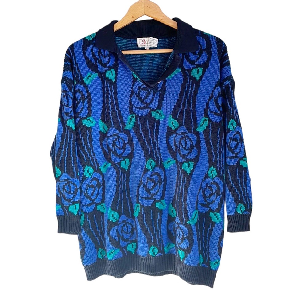 vintage ricki division of miss erika knit floral collar pop over buttons sweater